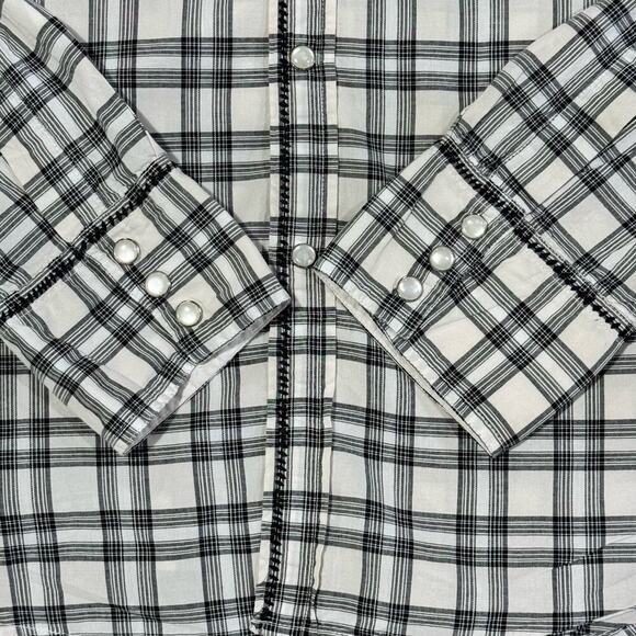 Men's Black &‎ White Western Plaid Shirt Pearl Snaps size Large by Guess - Picture 3 of 11